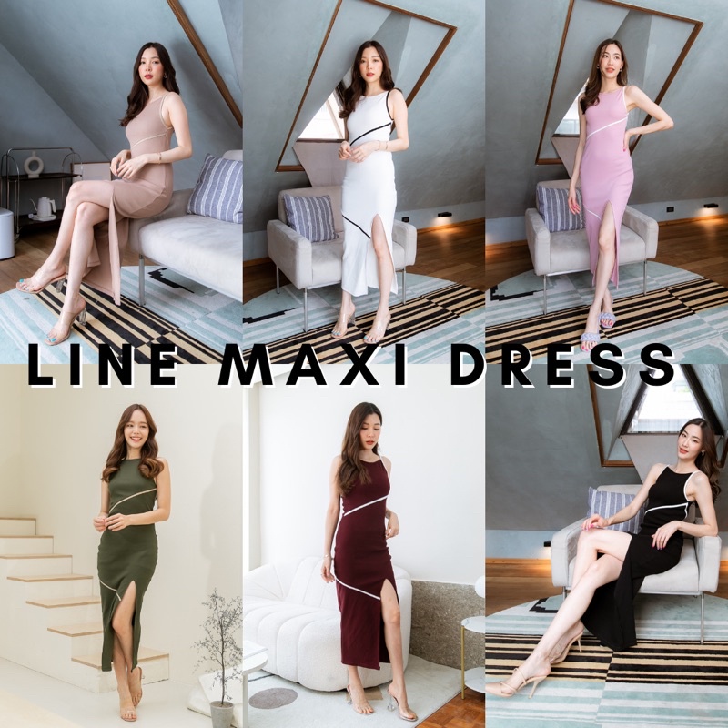 ภาพหน้าปกสินค้าBasicnotbasics - Line maxi dress แท้100% เดรสยาว ผ่าหน้าขา ชุดเดรส ชุดเดรสออกงาน