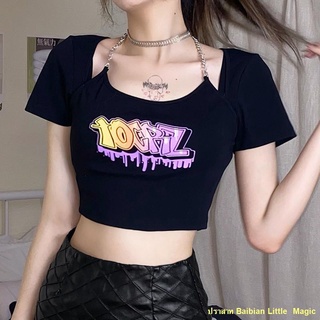 💥Hot sale💥สาวร้อนทอดถนนโซ่พิมพ์ปลอมสองชิ้นแขนสั้นเสื้อยืดหญิงสลิมมิ่งสลิมมิ่งสีดำสั้นtop