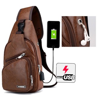 สินค้า กระเป๋าสะพายหนังผู้ชายกระเป๋า Messenger กระเป๋าหน้าอก USB ชาร์จหลุมหูฟังภายนอก