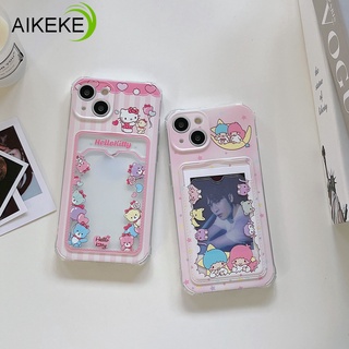 เคสโทรศัพท์มือถือแบบนิ่ม TPU ใส ลายการ์ตูนเฮลโลคิตตี สีชมพู พร้อมช่องใส่บัตร สําหรับ iphone 14 Plus 13 12 11 Pro Max X XR Xs Max 7 8 Plus