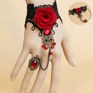แหวนและสร้อยข้อมือลูกไม้ สีดำ สไตล์พังก์ แต่งดอกกุหลายแดง และพลอยเทียม