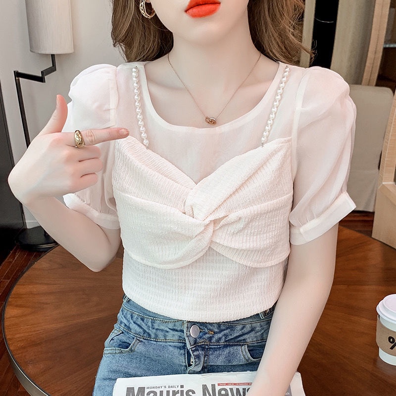 พร้อมส่ง-เวอร์ชั่นเกาหลี-เสื้อเชิ้ตเย็บครีม-แฟชั่นไข่มุก-แขวนเสื้อ-แขนสั้น-ท็อป-2-สี