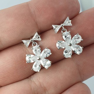 XXถูกมากXX ต่างหูเพชรรูปโบว์ร้อยดอกไม้ CZ Diamond ขนาด13x18 mm. ตัวเรือนเงินโรเดียมไม่ลอกไม่ดำ โดย AC_Jewelry
