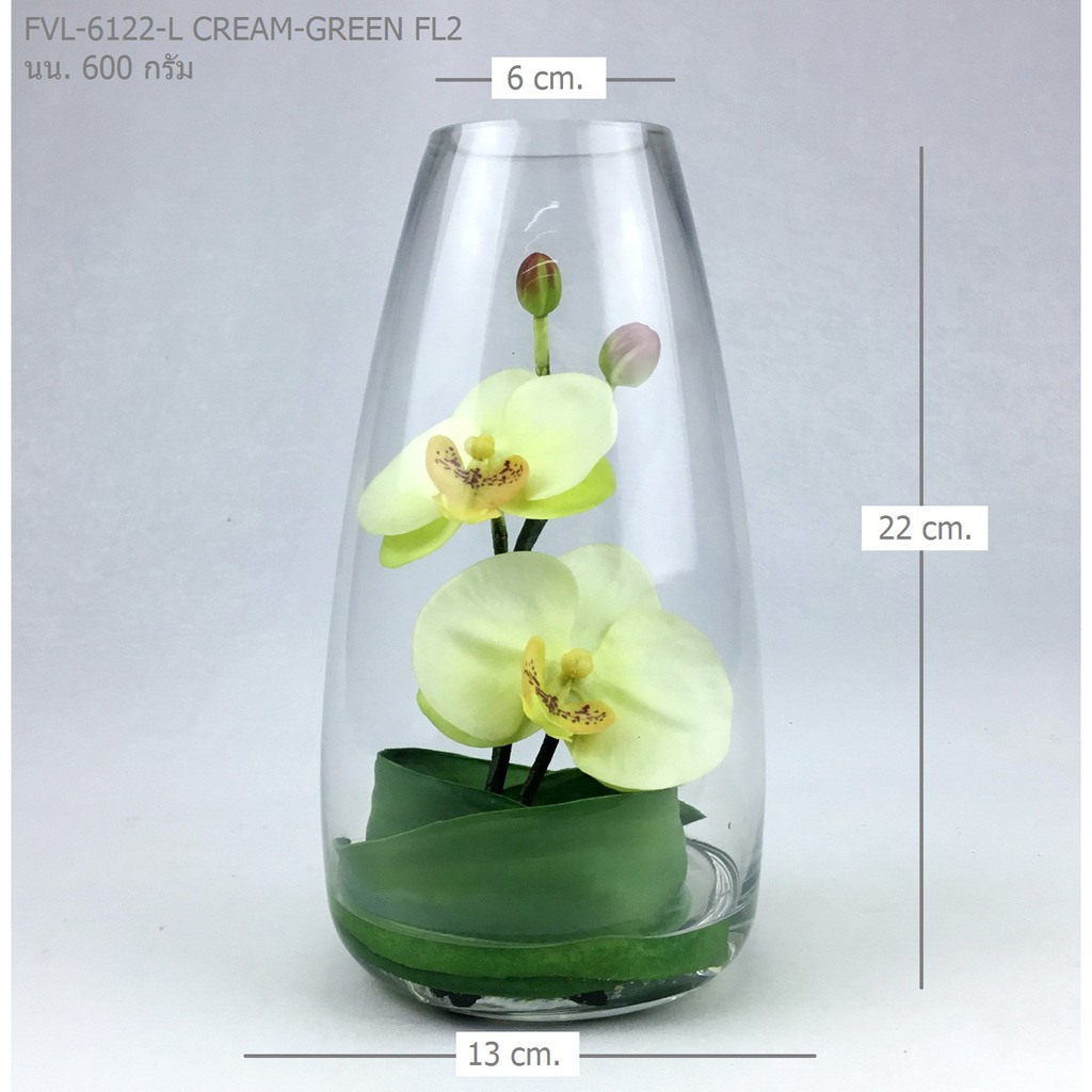 orientalfineart-ดอกไม้ปลอมพร้อมแจกัน-ดอกกล้วยไม้สีเขียวครีม-จัดในแจกันแก้ว-ดอกไม้แต่งบ้านสไตล์มินิมอล
