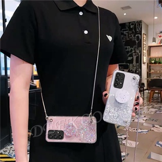 2022 New ใหม่ เคส Samsung Galaxy A73 A23 LTE A13 A03 Core A03S M23 M33 M22 4G 5G Handphone Casing with Chain Phone Cell Case Neck Strap Rope + Stand Holder Glitter Star Soft Back Cover เคสโทรศัพท์ SamsungA73 SamsungA23 SamsungA13