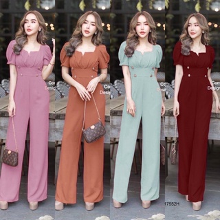 TW17552 Jumpsuit จั๊มสูทขายาว ทรงคอยูเว้า อกย่นจับจีบ ต่อผ้าช่วงเอว แต่งกระดุมเก๋ๆ งานสุดหรู ทรงเข้ารูปสวย งานน่ารักๆ