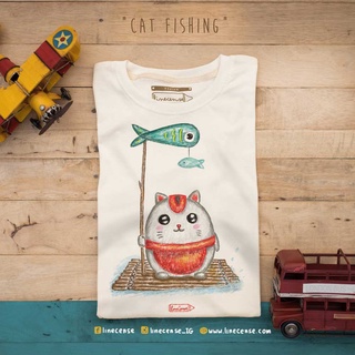 🔥 Fisher Cat T-shirt เสื้อยืดแมวนักตกปลา สีออฟไวท์ 🔥