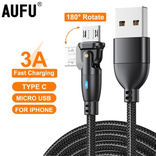 Aufu สายชาร์จ Micro usb หมุนได้ 180 องศา 3A สําหรับ Realme OPPO VIVO