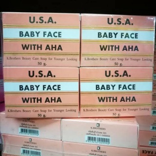 (แพ็ค 12 กล่อง) สบู่ USA สบู่USA กล่องชมพู สบู่ K.BROTHERS Baby Face With AHA ผิวขาวนวลเนียน หน้าใส ขนาด 50 กรัม