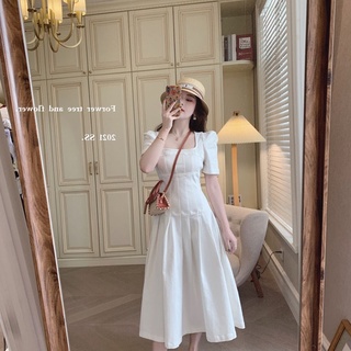 ชุดเดรสยาว คอสี่เหลี่ยม เอวบาง สีขาว สไตล์ฝรั่งเศส วินเทจ แฟชั่นฤดูร้อน 2022