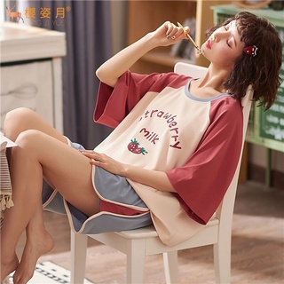 สินค้าจากไทย พร้อมส่ง ชุดนอน คอกลม เสื้อแขนสั้น+กางเกงขาสั้น น่ารักๆ ผ้าคอตตอน เนื้อผ้านิ่ม