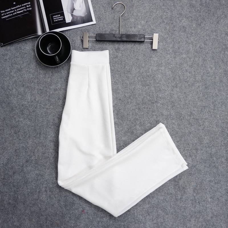 กางเกงทรงกระบอกเอวสูงสีขาว