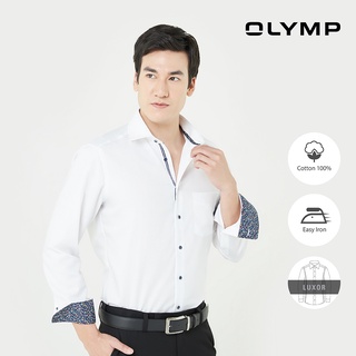 สินค้า OLYMP เสื้อเชิ้ตผู้ชาย แขนยาว ทรงตรง รีดง่ายแต่งสาบสีกรมท่า ผ้าเท็กเจอร์สีขาว [LUXOR]