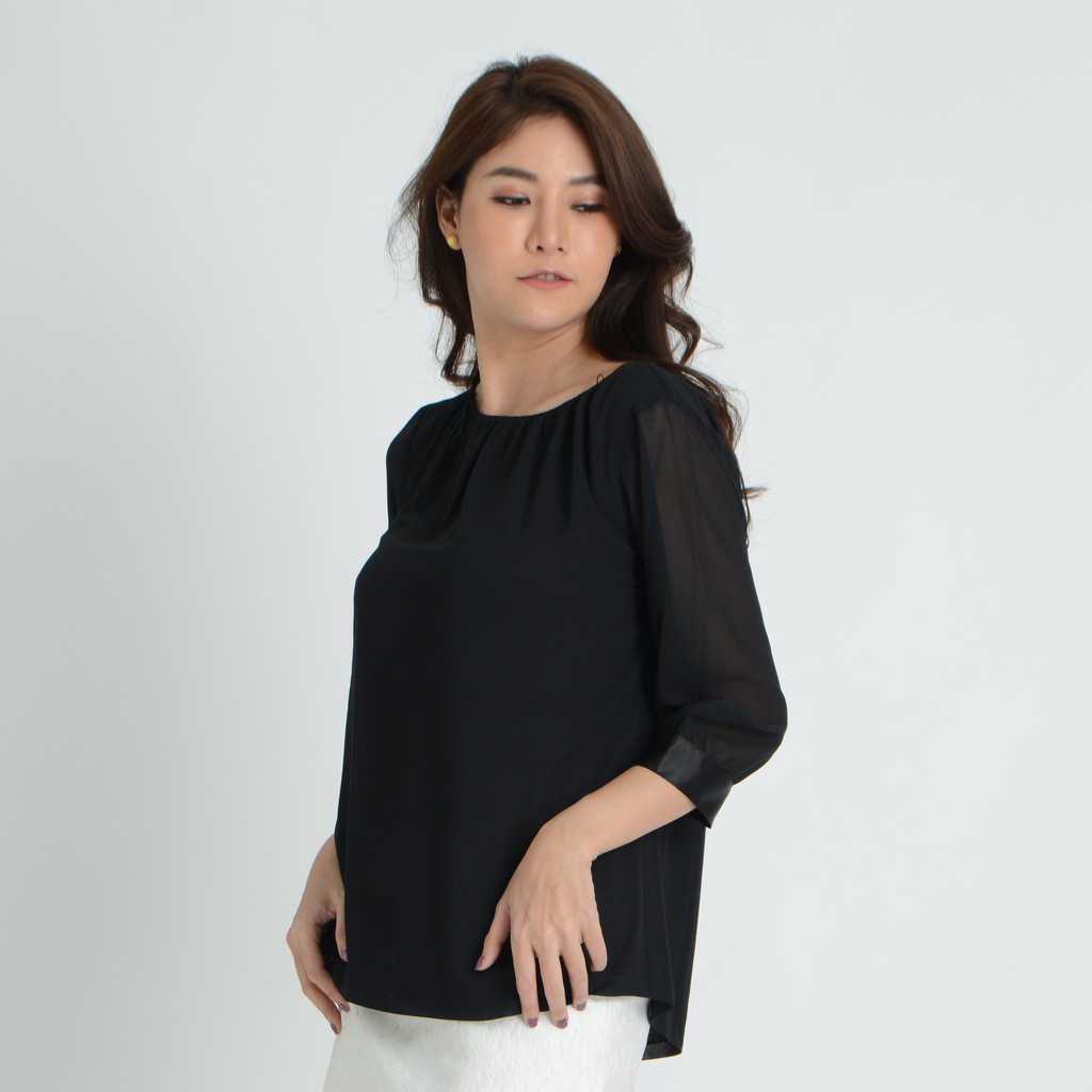 gsp-blouse-เสื้อจีเอสพี-เสื้อไม่มีปก-แขนยาวสามส่วน-สีดำ-sl47bl