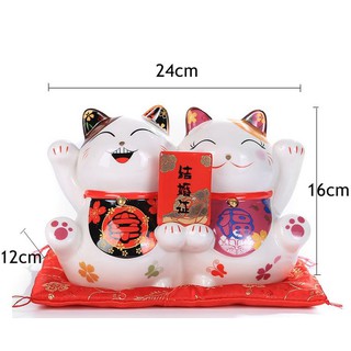 Tamako Lucky Cat | แมวกวักญี่ปุ่นคู่รัก แมวกวักทรัพย์ แมวนำโชคลาภ เงินทอง เรียกลูกค้า ของขวัญ ตกแต่ง ขนาด 9.5 นิ้ว