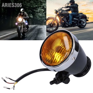 Aries306 12V 4in Retro Motorcycle Headlight Round Black Housing Yellow Lens Universal for All Vintage Motorbikes