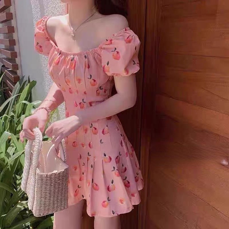 hot-sale-peach-pink-dress-spring-temperament-sweet-slim-waist-thin-french-square-neck-floral-skirt