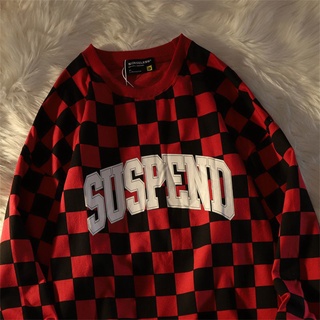 Chessboard Plaid letters printed long-sleeved top female student 2021 Autumn New Korean style loose pullover T-shirt ins