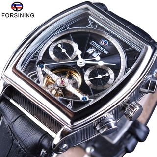 Forsining Multifunction Retro Series Rectangle Dial Genuine Belt Tourbillion Design Men Automatic Watches Top Brand Luxu