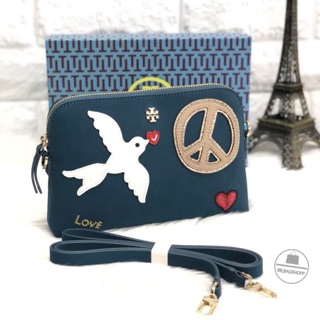 TORY BURCH Peace Embellished Mini Crossbody and Clutch Bag สีน้ำทะเล