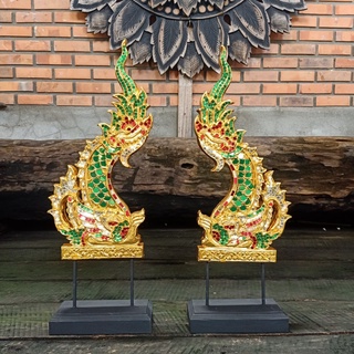 พญานาคคู่ มังกรคู่ แบบมีขาตั้ง (Set 2 ชิ้น) ปิดทอง ประดับลวดลายกระจกสี สำหรับตกแต่ง บ้าน อาคาร สถานที่