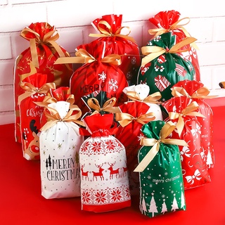 ถุงของขวัญ ถุงขนม ลายเกล็ดหิมะ ซานต้าคลอส แบบผูกเชือก สําหรับตกแต่งบ้าน เทศกาลปีใหม่
