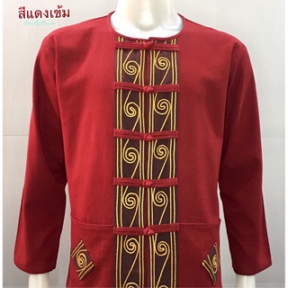 เสื้อผ้าฝ้ายแต่งเชือกคอกลม-แขนยาว-สีแดงเข้ม