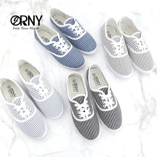 ใส่สวย เท้าเรียว❤️OY850 💯 ORNY(ออร์นี่) ® รองเท้าผ้าใบแบบผูกเชือก ลายทาง ส้นแบน แฟชั่นผู้หญิง