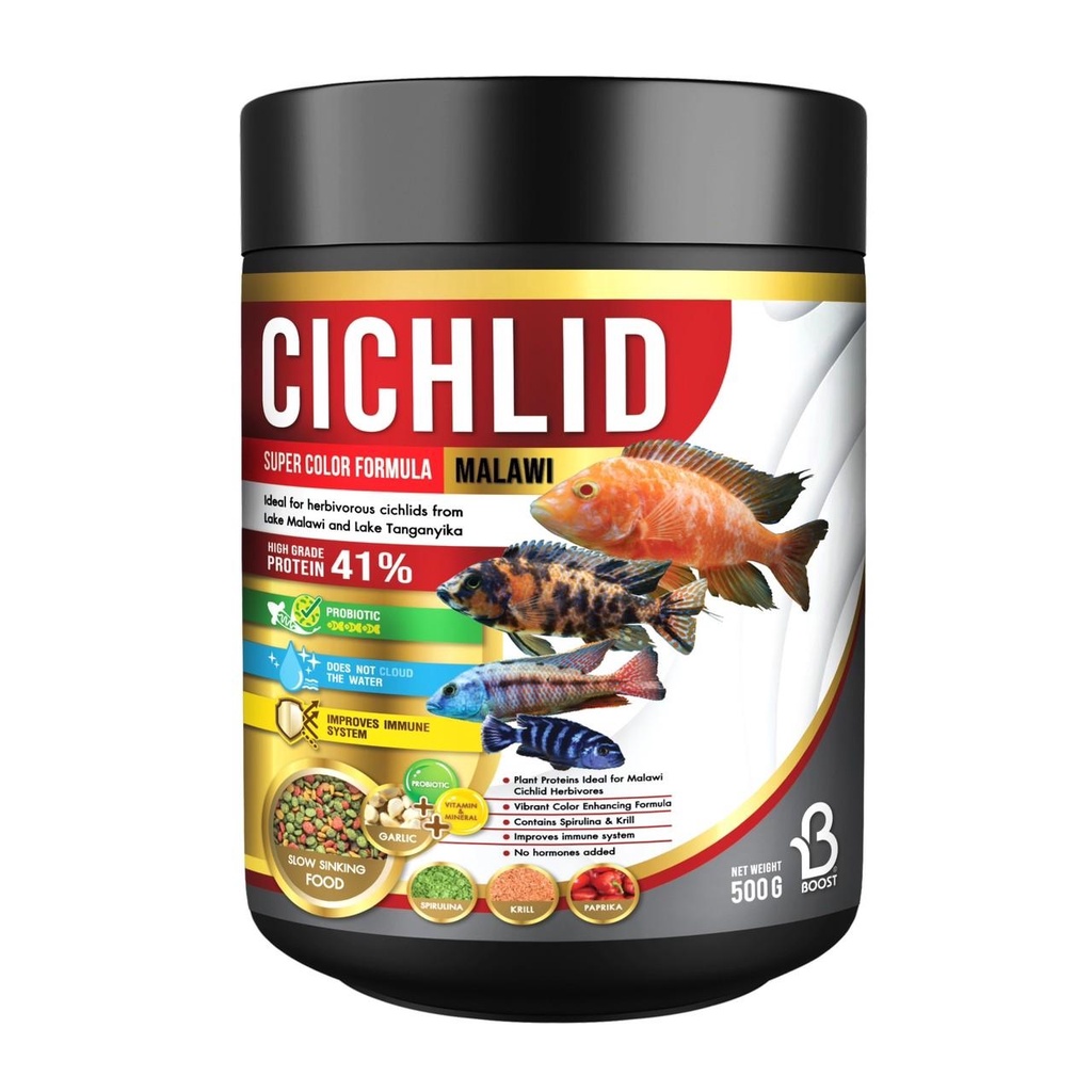 boost-cichlid-อาหารปลาหมอสี-ทุกสายพันธุ์-5-สูตร-อาหารปลา-เร่งโต-เร่งสี-มีให้เลือกสูตร-350-500กรัม