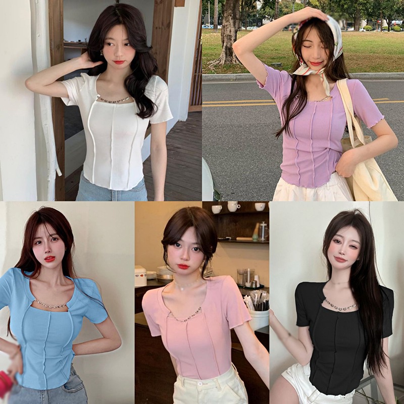 เสื้อยืดแขนสั้น-สีพื้น-สไตล์เกาหลี-สําหรับผู้หญิง