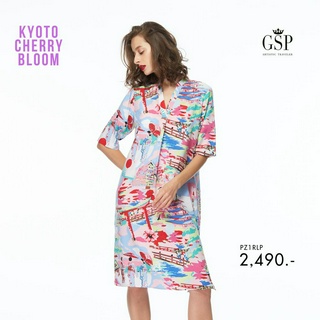 GSP ชุดเดรส  Dress เดรสผ้าเรยอน แขนสามส่วน ลายพิมพ์ Kyoto Cherry Bloom-Blouse (PZ1RLP)