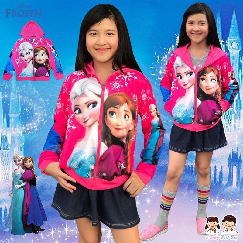 เสื้อแจ็คเก็ต-เสื้อกันหนาวเด็กผู้หญิง-สกรีนลาย-frozen-สีชมพู-รูดซิป-มีหมวก-ฮู้ด