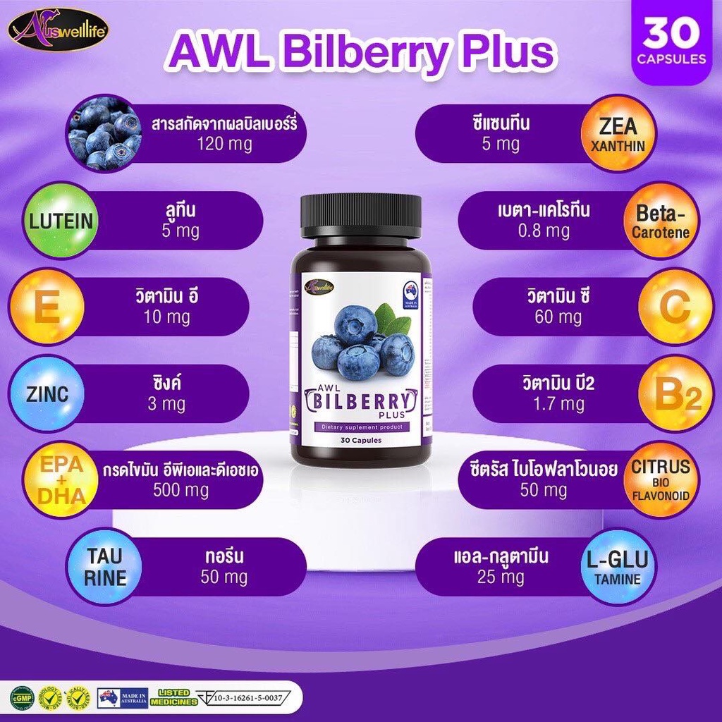 auswelllife-bilberry-ออสเวลล์ไลฟ์-บิลเบอร์รี่-ช่วยถนอมดวงตา-วิตามิน-อาหารเสริมบำรุงสายตาเกรดพรีเมี่ยม-awl-bilberry