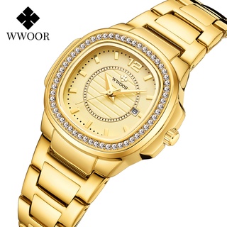 สินค้า WWOOR นาฬิกาข้อมือผู้หญิงแท้นาฬิกากันน้ำหรูสีชมพูนาฬิกาสายสแตนเลสสีโรสโกลด์ 8874
