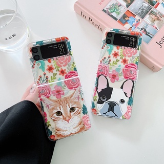 เคสโทรศัพท์มือถือ แบบใส ลายดอกไม้ สุนัข แมวน่ารัก พร้อมสายโซ่ สําหรับ Samsung Galaxy Z Flip3 Flip4 Flip 4 3 5G