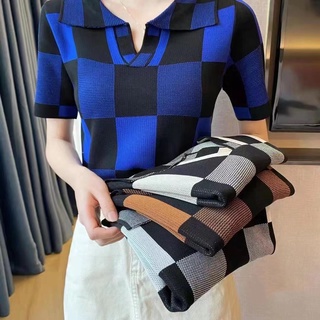 Bonnie(พร้อมส่ง/ใหม่)#5756เสื้อยืดโปโลแขนสั้นผู้หญิงเสื้อไหมพรมคอปกลายสก๊อตสไตล์เกาหลี