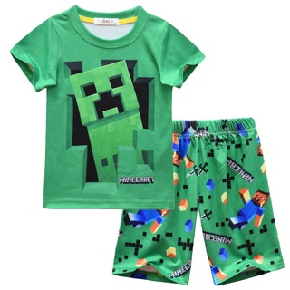 ชุดนอน เสื้อคลุมแขนสั้น กางเกงขาสั้น ผ้าฝ้าย ลายการ์ตูน Minecraft แฟชั่นฤดูร้อน สําหรับเด็กผู้ชาย
