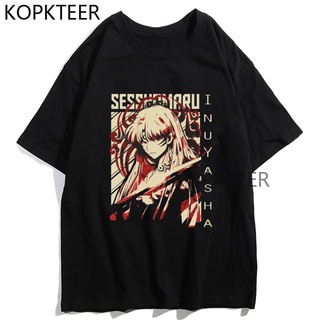 ROUND คอลูกเรือเสื้อยืด พิมพ์ลายอนิเมะ Demon Sesshomaru Inuyasha Yokai สีดํา สไตล์วินเทจ สําหรับผู้ชาย-4XL