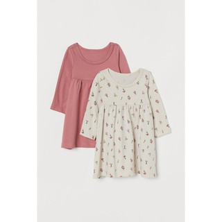 H&amp;M Basic Organic Cotton [2 ชุด] ชุดเด็ก เดรสเด็กผู้หญิง เดรสแขนยาว สีครีมลายดอกไม้ + สีชมพู