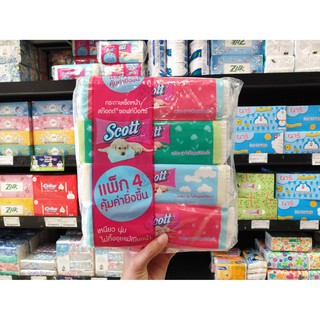 🔥 แพ็ค4ห่อ สก๊อตต์ ซอฟท์บ็อกซ์ กระดาษเช็ดหน้า 120 แผ่น (0153) Scott Softbox White Facial Tissue