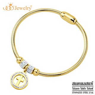 555jewelry กำไลข้อมือสแตนเลส ห้อยจี้ไม้กางเขน ตกแต่งด้วยเพชร รุ่น MNC-BR630 - กำไลข้อมือแฟชั่น กำไลข้อมือสวยๆ (BR35)