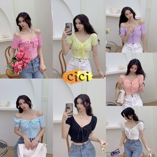 Cici(NO.086)เสื้อครอปแขนสั้น ดีเทผูกโบซาหน้าอก ผ้าฝ้าย ยืดได้ โทนสีพาลเทลน่ารักไม่ไหว