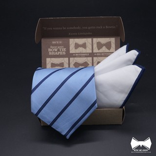 เซ็ทเนคไทXL 4นิ้ว ฟ้าลายขวางกรมท่า+ ผ้าเช็ดหน้าสูท-Sky blue with navy blue stripe XL 4" Necktie + Pocket square