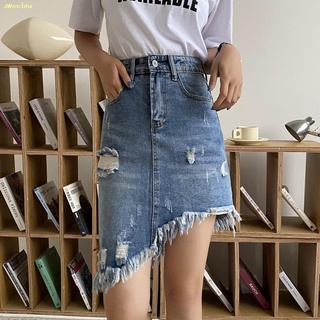 จุดขายร้อน😎ผู้หญิง Retro ไม่สม่ำเสมอดิบ Ripped เอวสูงกระโปรง A-Line Denim กระโปรงสั้น