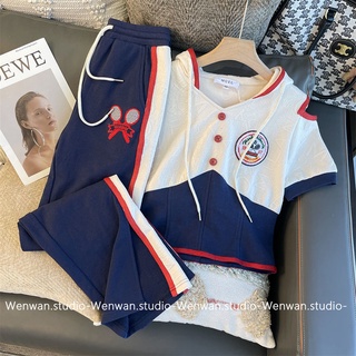 เสื้อกันหนาวแขนสั้น เปิดไหล่ ทรงหลวม และกางเกง ทรงตรง แฟชั่นฤดูร้อน สําหรับผู้หญิง