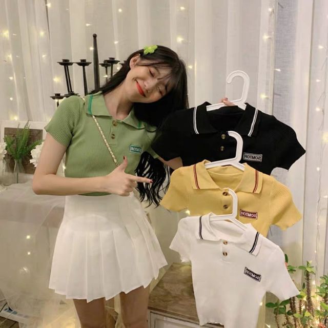 diary-พร้อมส่ง-เสื้อครอปคอปกแขนสั้นไหมพรมกระดุมหน้า-1718