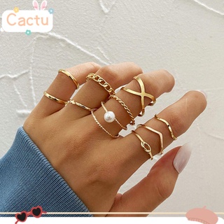 Cactu ชุดแหวนนิ้วมือ ประดับมุก สีทอง เครื่องประดับแฟชั่น สไตล์พังก์ สําหรับผู้หญิง 10 ชิ้น
