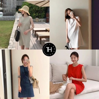 พร้อมส่ง แดง&amp;เบจ 🥃เดรสสั้นแขนกุด ผ้าลีนินผสมคอตต้อน งานสวยมากกก มีซิปด้านหลัง ใส่ง่าย ควรมีติดตู้ไว้เลย ผ้าดีมาก
