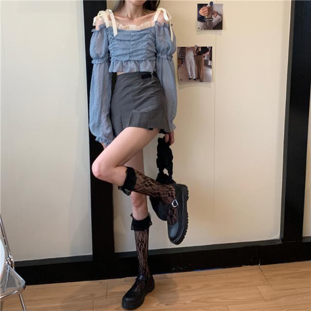 hot-sale-ชุดทูพีซสาว-นางฟ้าเกาหลีแขนยาวที่ถอดออกได้ที่ไม่มีสายหนังเสื้อเชิ้ตสายรัดหัวเข็มขัดกระโปรงจีบ