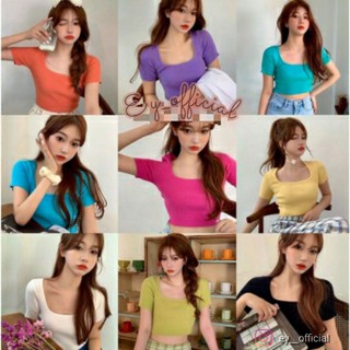 สินค้า Ey_officil#1245#พร้อมส่งเสื้อครอปผ้าไหมพรมแขนสั้นคอยูโชว์เนินหน้าอกเอวลอยน่ารัก